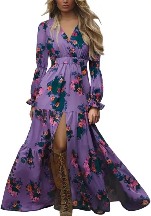 Womens Vintage Pastoral Flower Long Dress Sexy V-Neck Long Sleeve Western Dresses Plus Size Summer Casual Maxi Dress