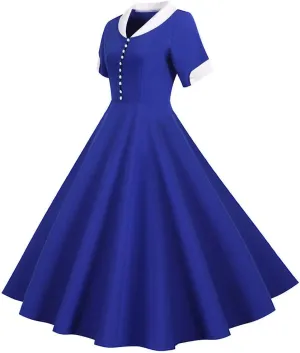 Women's Vintage Short Sleeve Dress Elegant Pearls Button Down Cocktail Dress Color Block V Neck Midi Prom Dresses